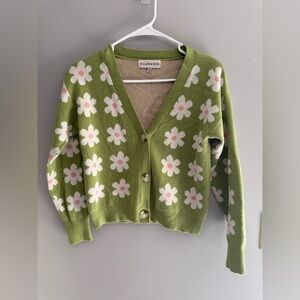 Willow & Wind V Neck Button Up Cardigan Women’s SZ S Green Daisy Long Sleeve